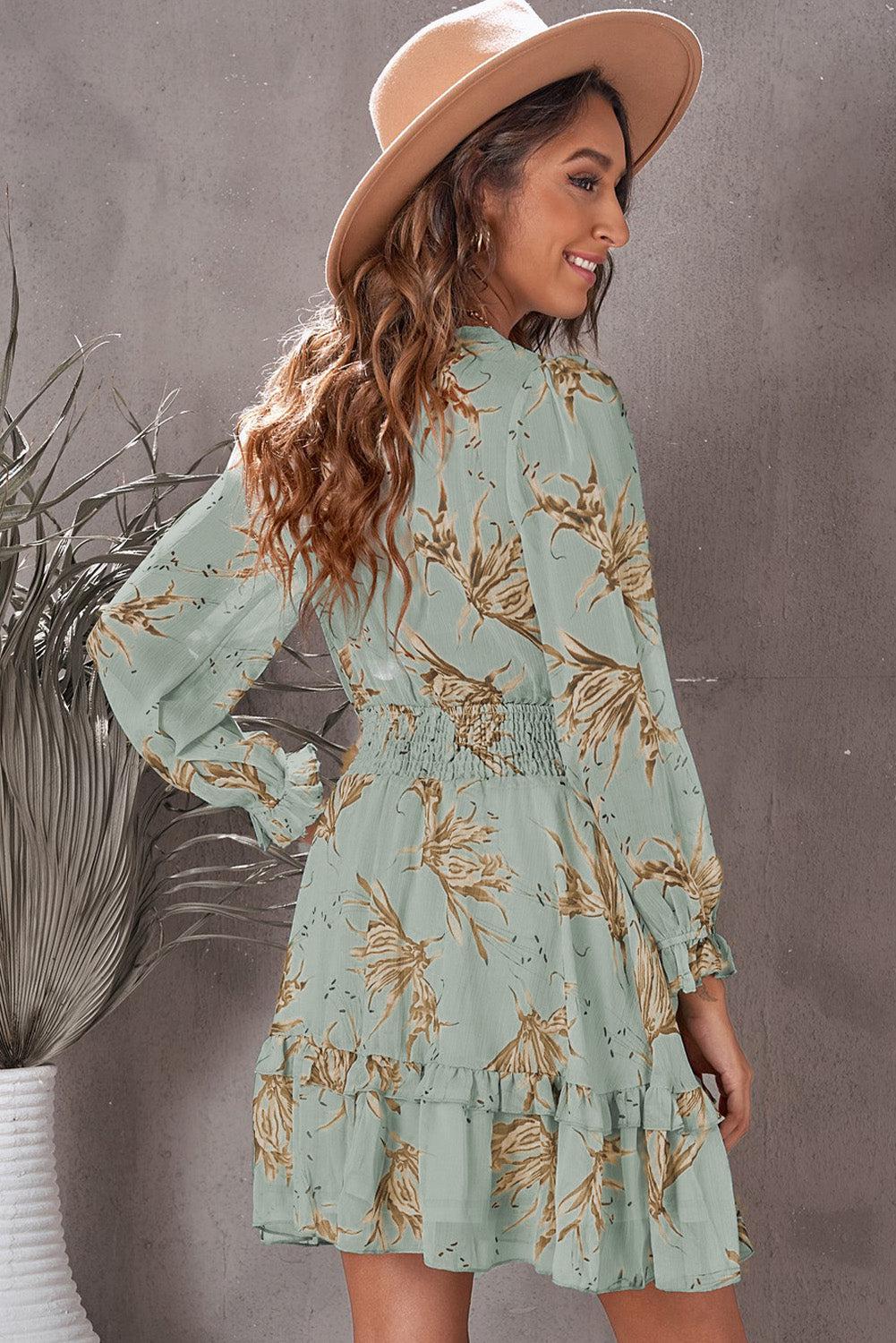 Floral Deep V Flounce Sleeve Mini Dress BLUE ZONE PLANET
