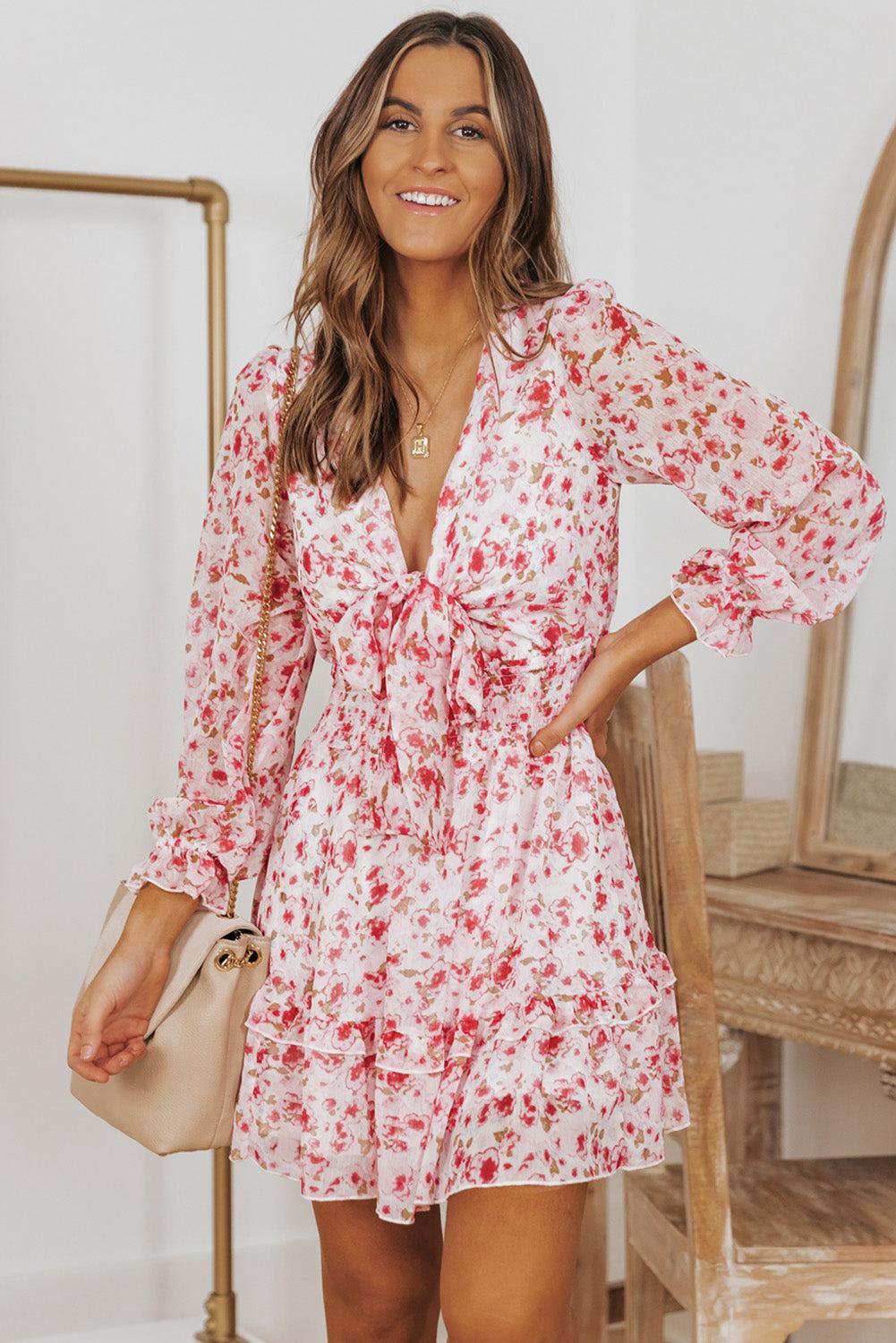 Floral Deep V Flounce Sleeve Mini Dress BLUE ZONE PLANET