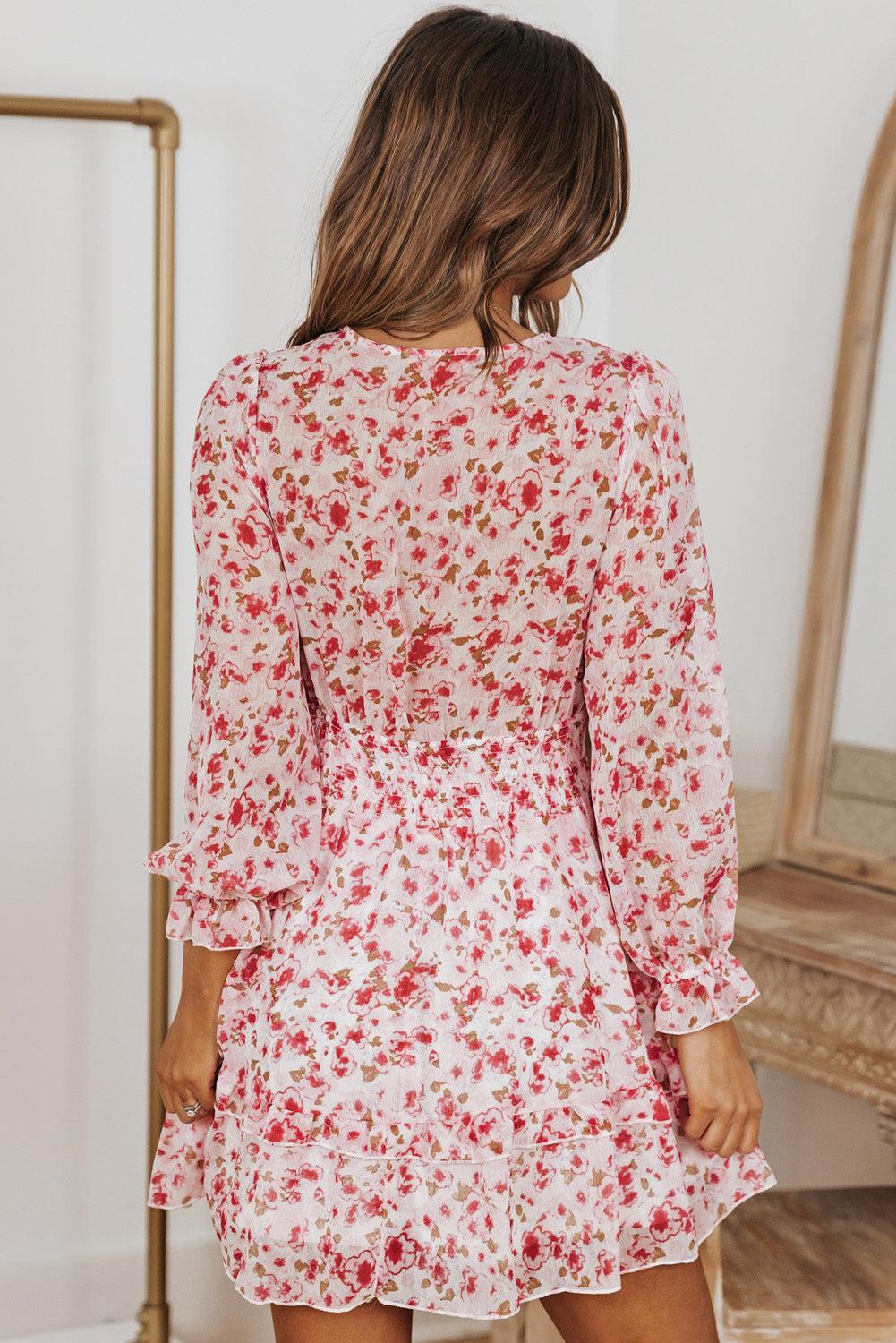 Floral Deep V Flounce Sleeve Mini Dress BLUE ZONE PLANET