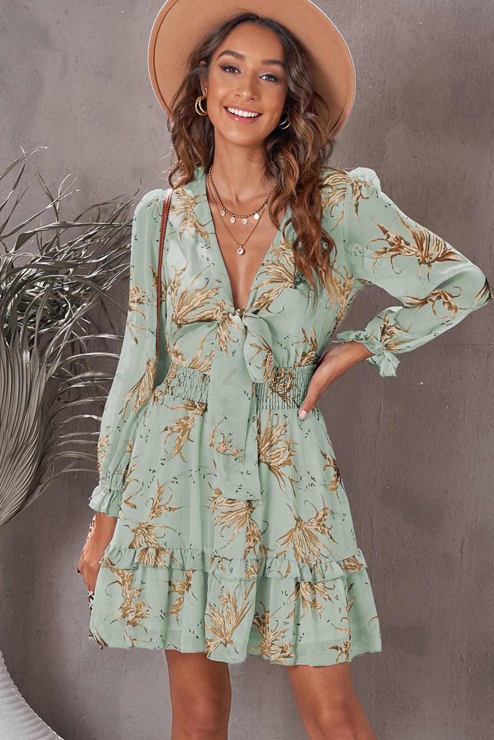 Floral Deep V Flounce Sleeve Mini Dress BLUE ZONE PLANET