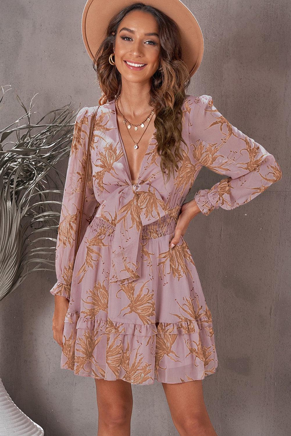 Floral Deep V Flounce Sleeve Mini Dress BLUE ZONE PLANET