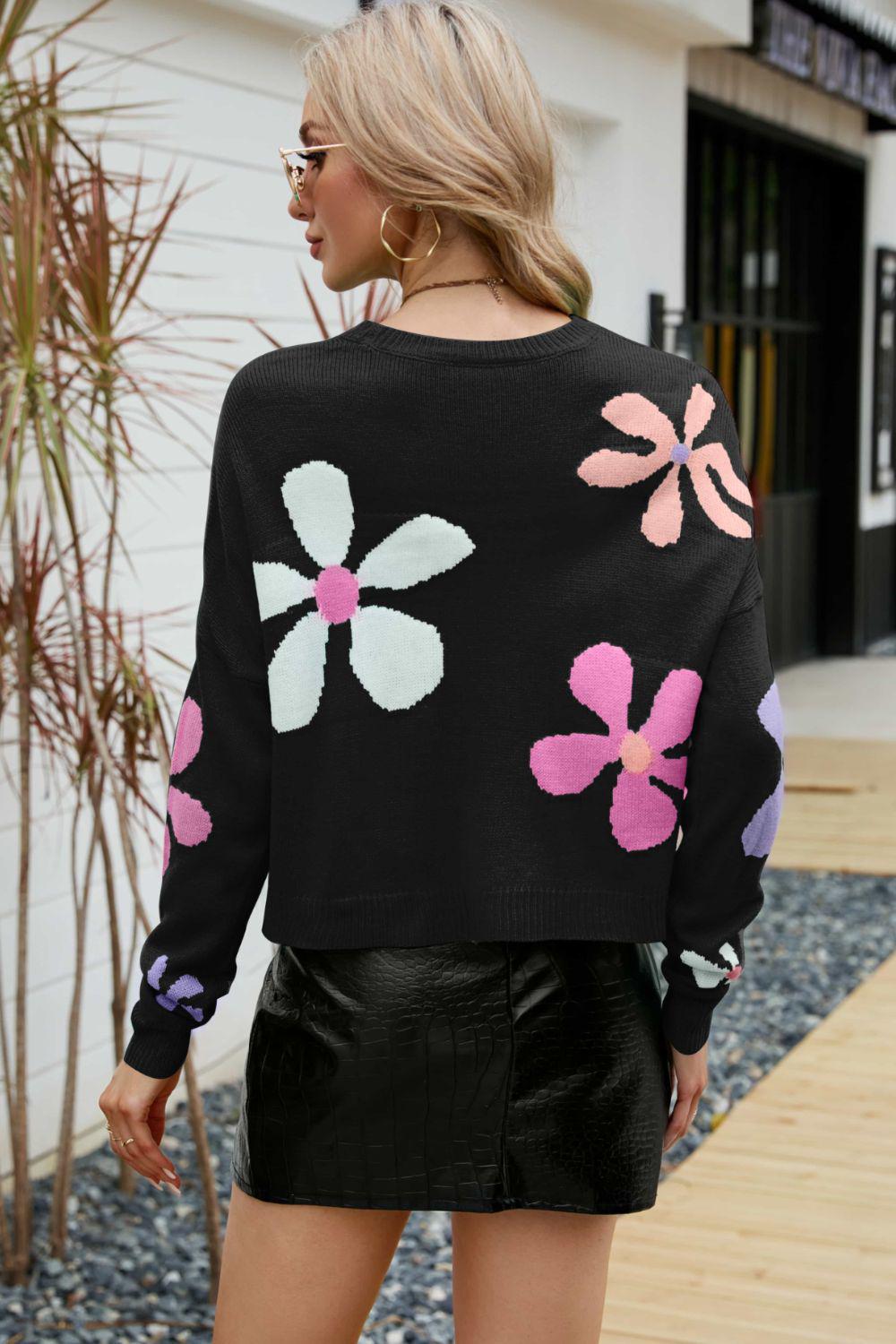 Floral Dropped Shoulder Ribbed Trim Sweater BLUE ZONE PLANET