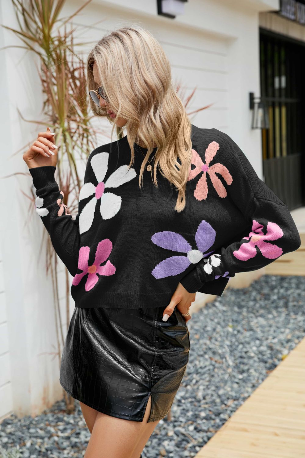 Floral Dropped Shoulder Ribbed Trim Sweater BLUE ZONE PLANET