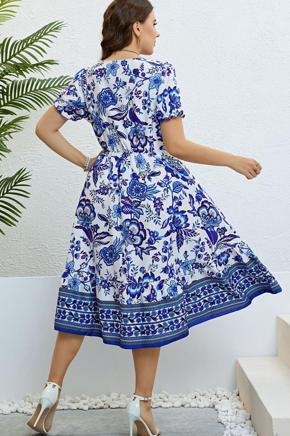 Floral Flounce Sleeve Surplice Dress BLUE ZONE PLANET