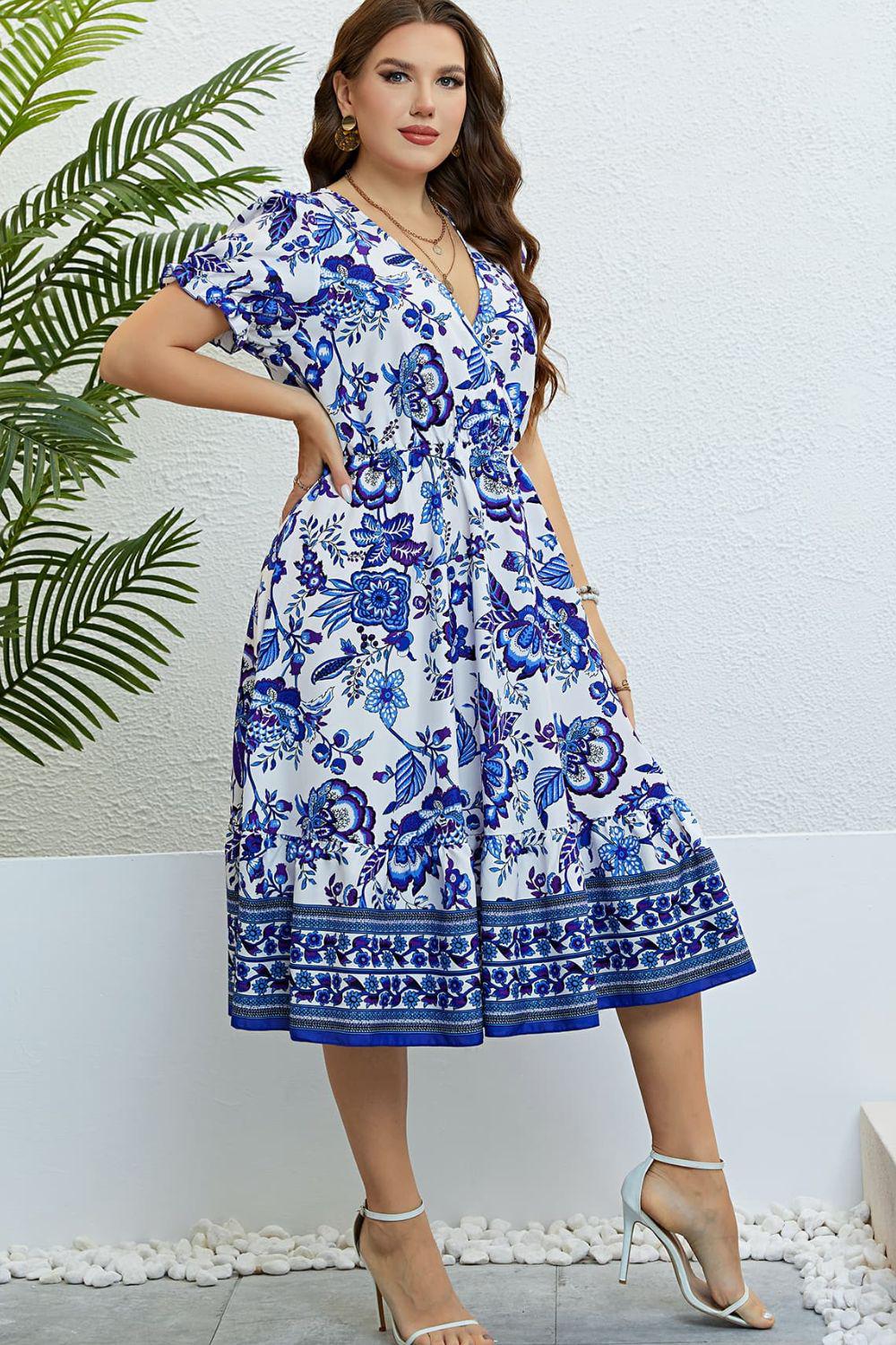 Floral Flounce Sleeve Surplice Dress BLUE ZONE PLANET