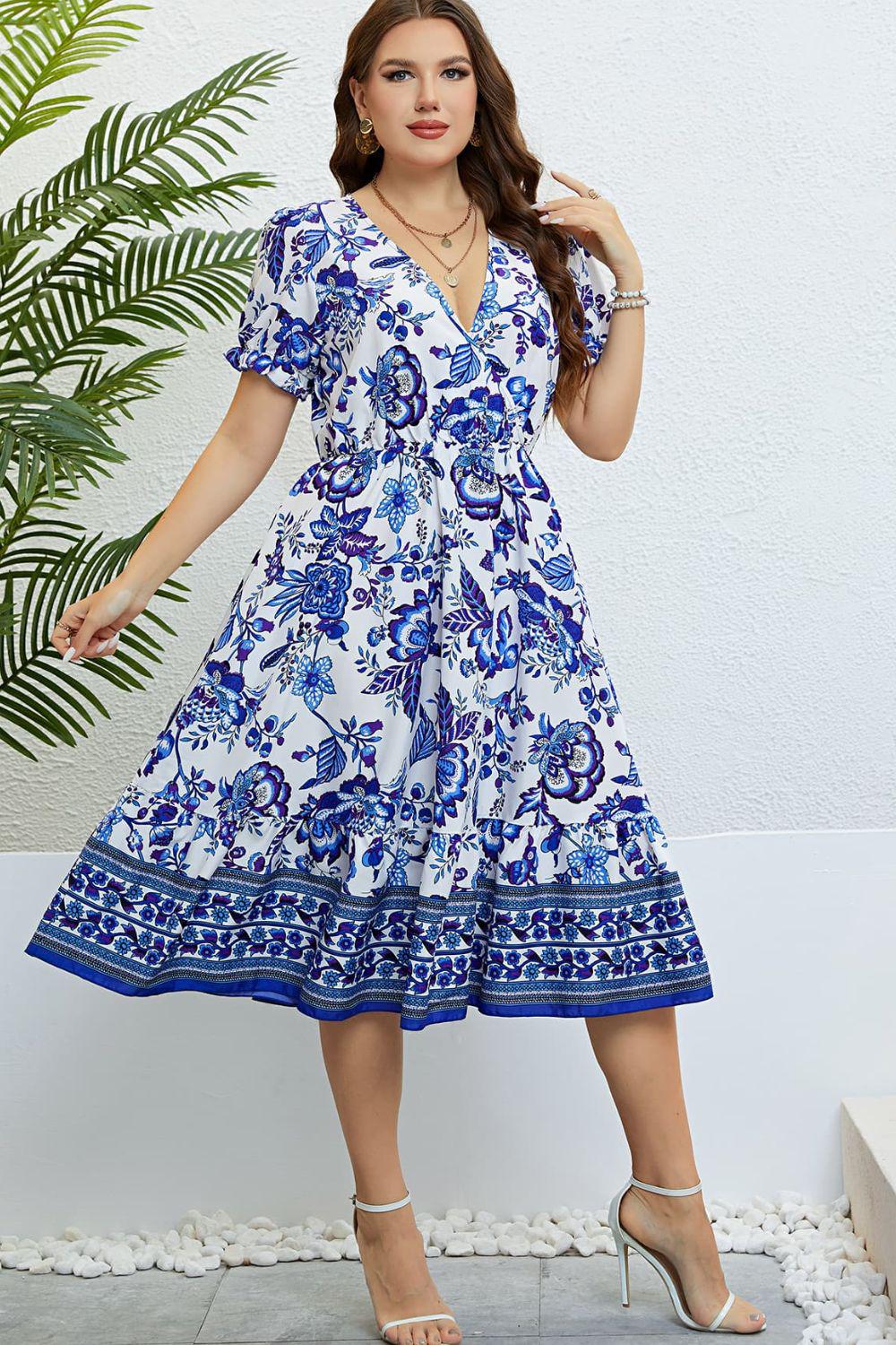 Floral Flounce Sleeve Surplice Dress BLUE ZONE PLANET