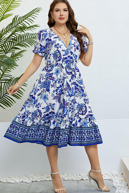 Floral Flounce Sleeve Surplice Dress BLUE ZONE PLANET