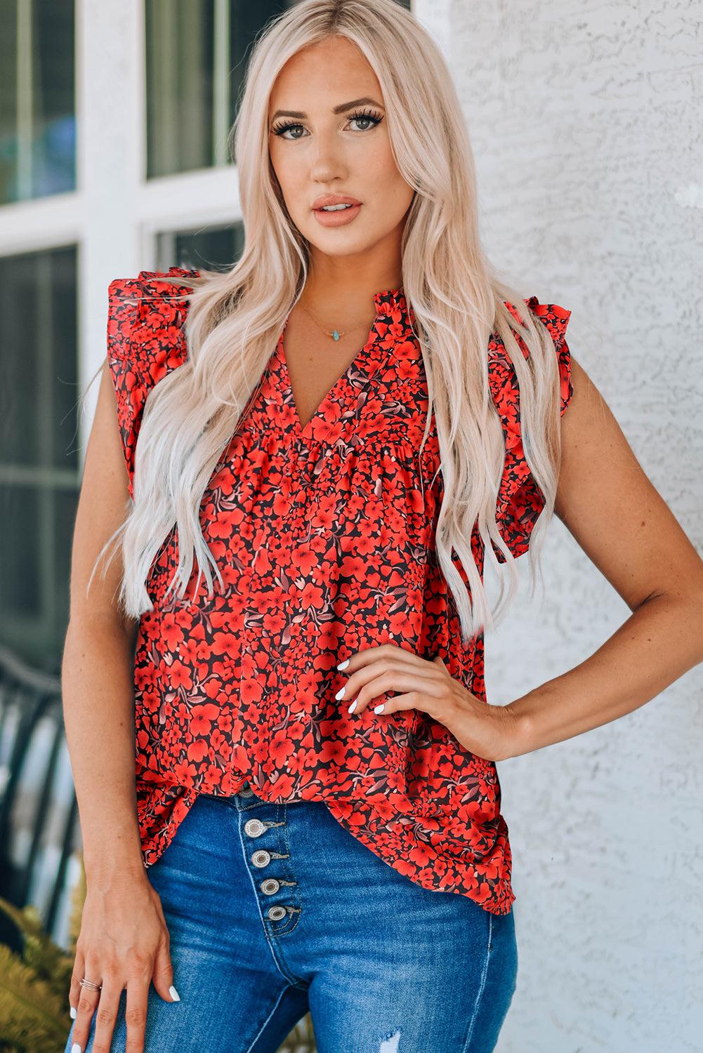 Floral Flutter Sleeve Notched Neck Blouse BLUE ZONE PLANET