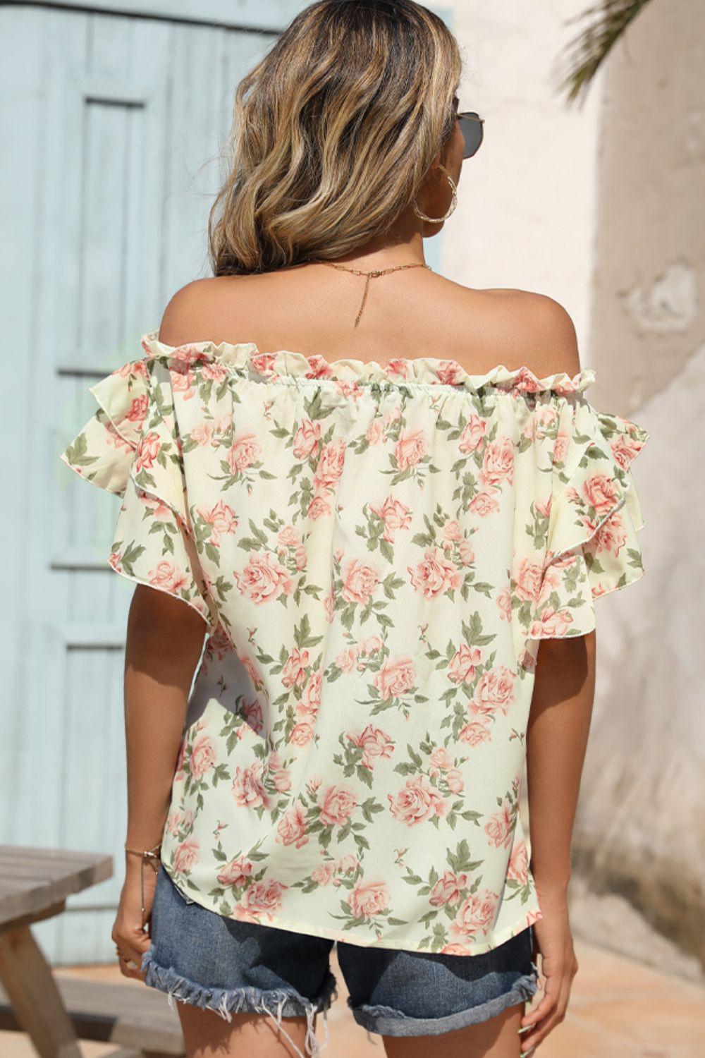 Floral Frill Trim Off-Shoulder Blouse BLUE ZONE PLANET