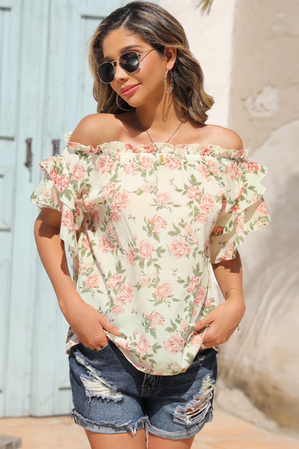 Floral Frill Trim Off-Shoulder Blouse BLUE ZONE PLANET