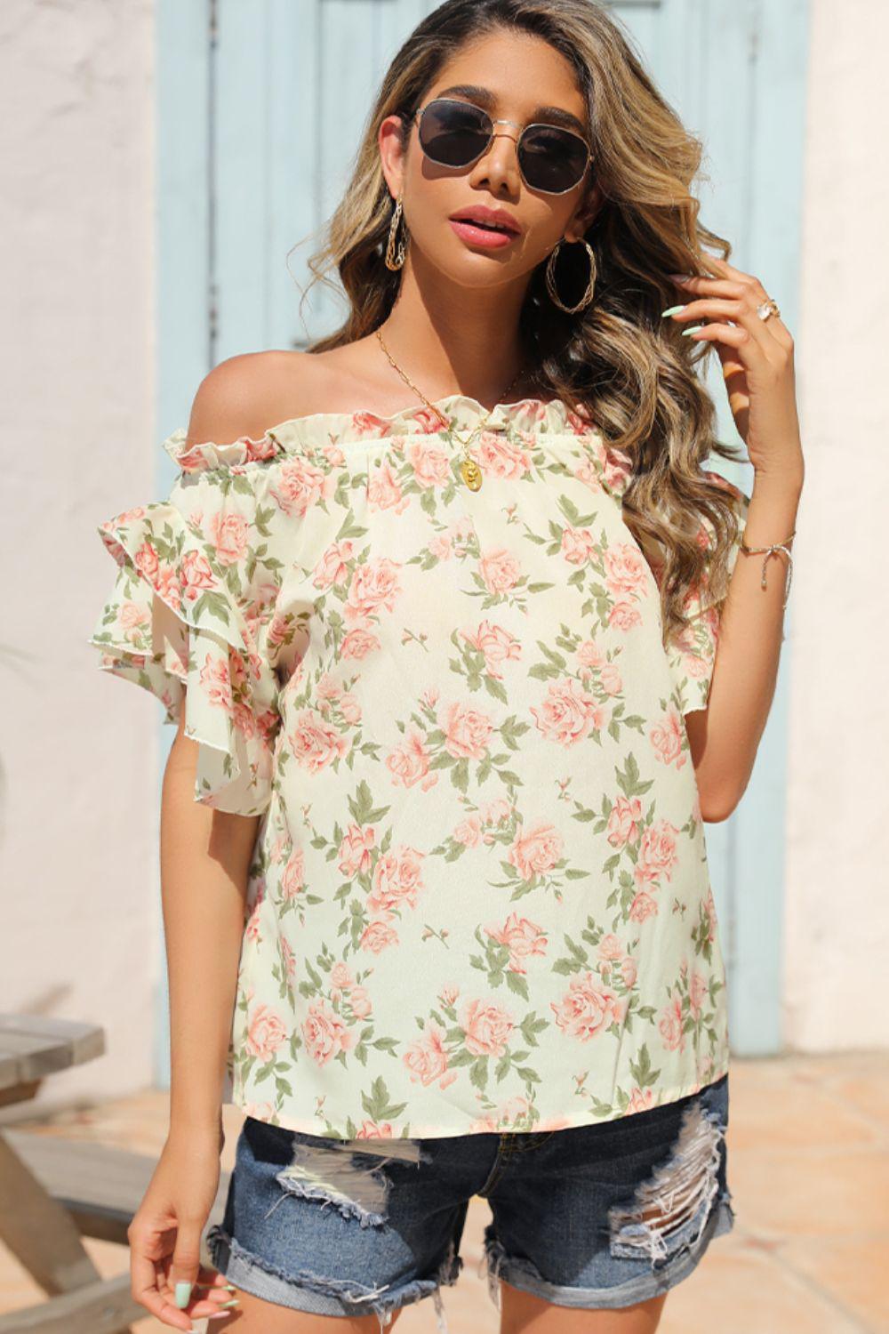 Floral Frill Trim Off-Shoulder Blouse BLUE ZONE PLANET