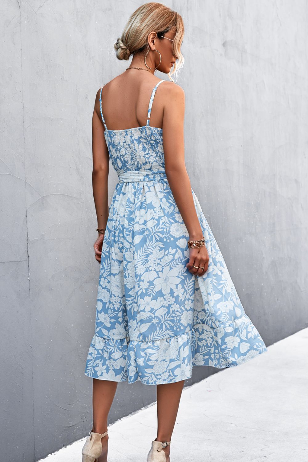 Floral Frill Trim Scoop Neck Spaghetti Strap Dress BLUE ZONE PLANET
