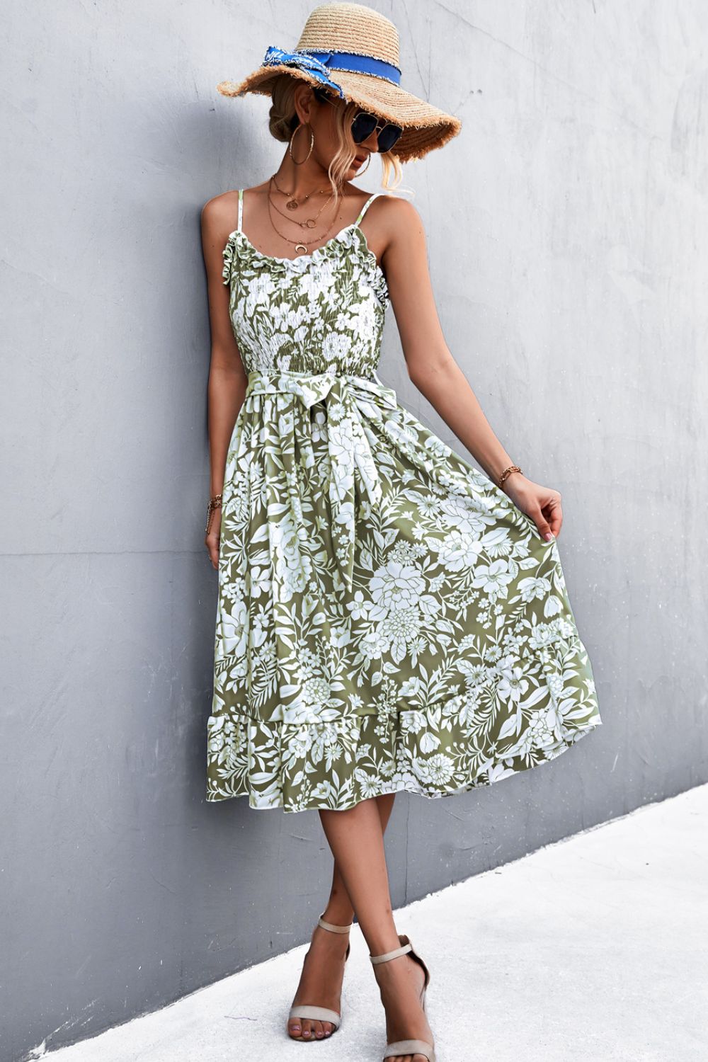 Floral Frill Trim Scoop Neck Spaghetti Strap Dress BLUE ZONE PLANET