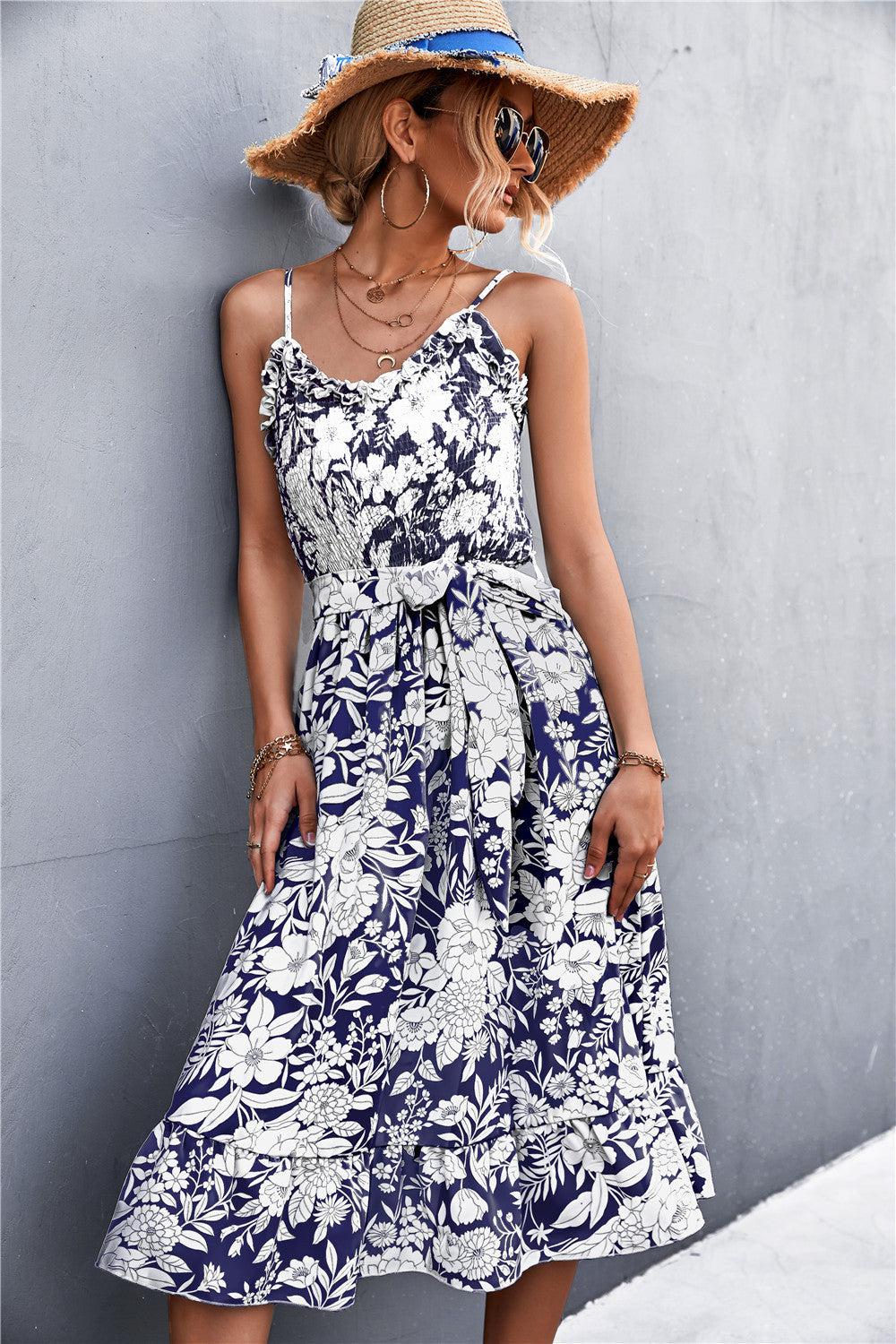 Floral Frill Trim Scoop Neck Spaghetti Strap Dress BLUE ZONE PLANET