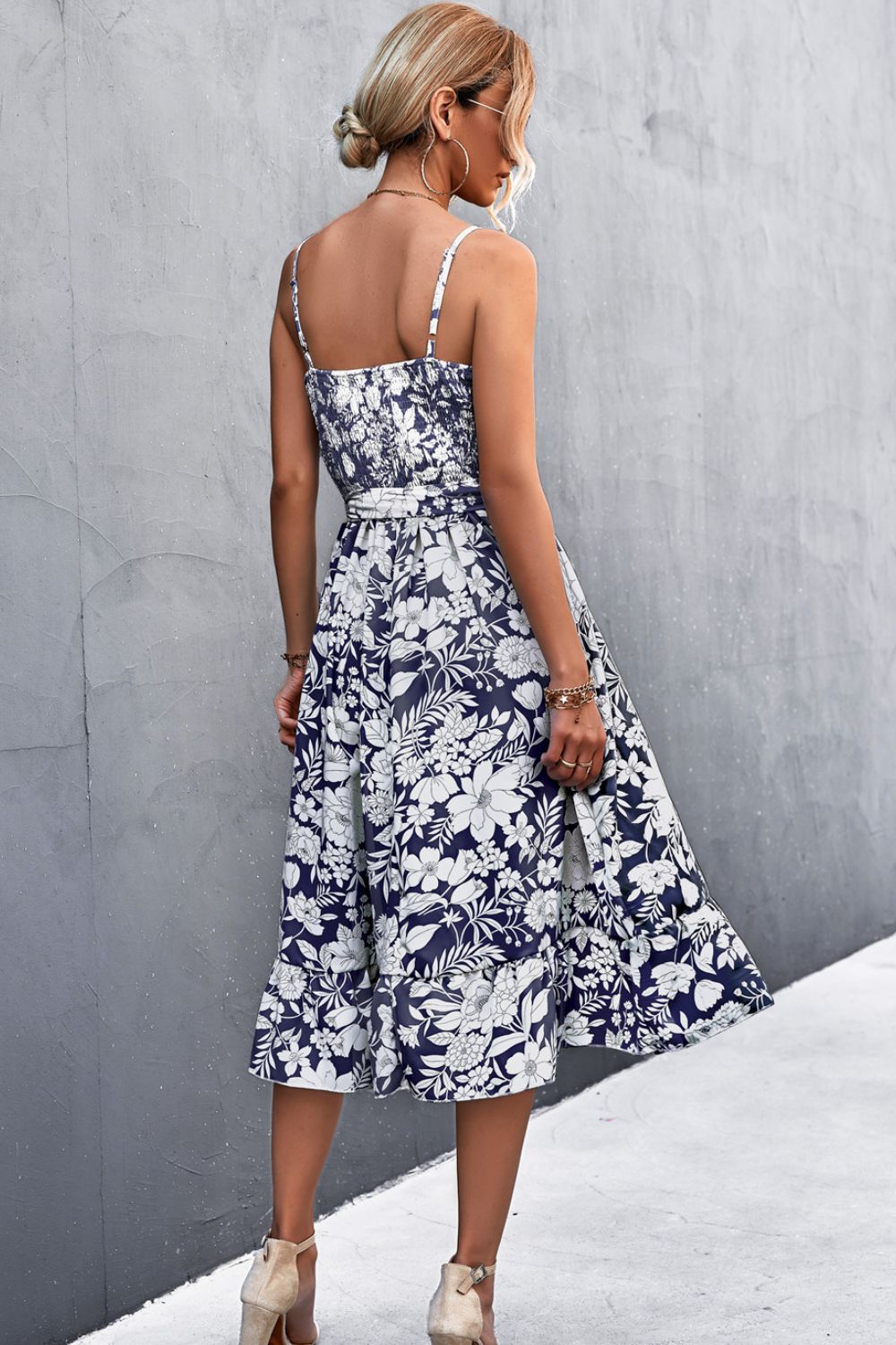 Floral Frill Trim Scoop Neck Spaghetti Strap Dress BLUE ZONE PLANET