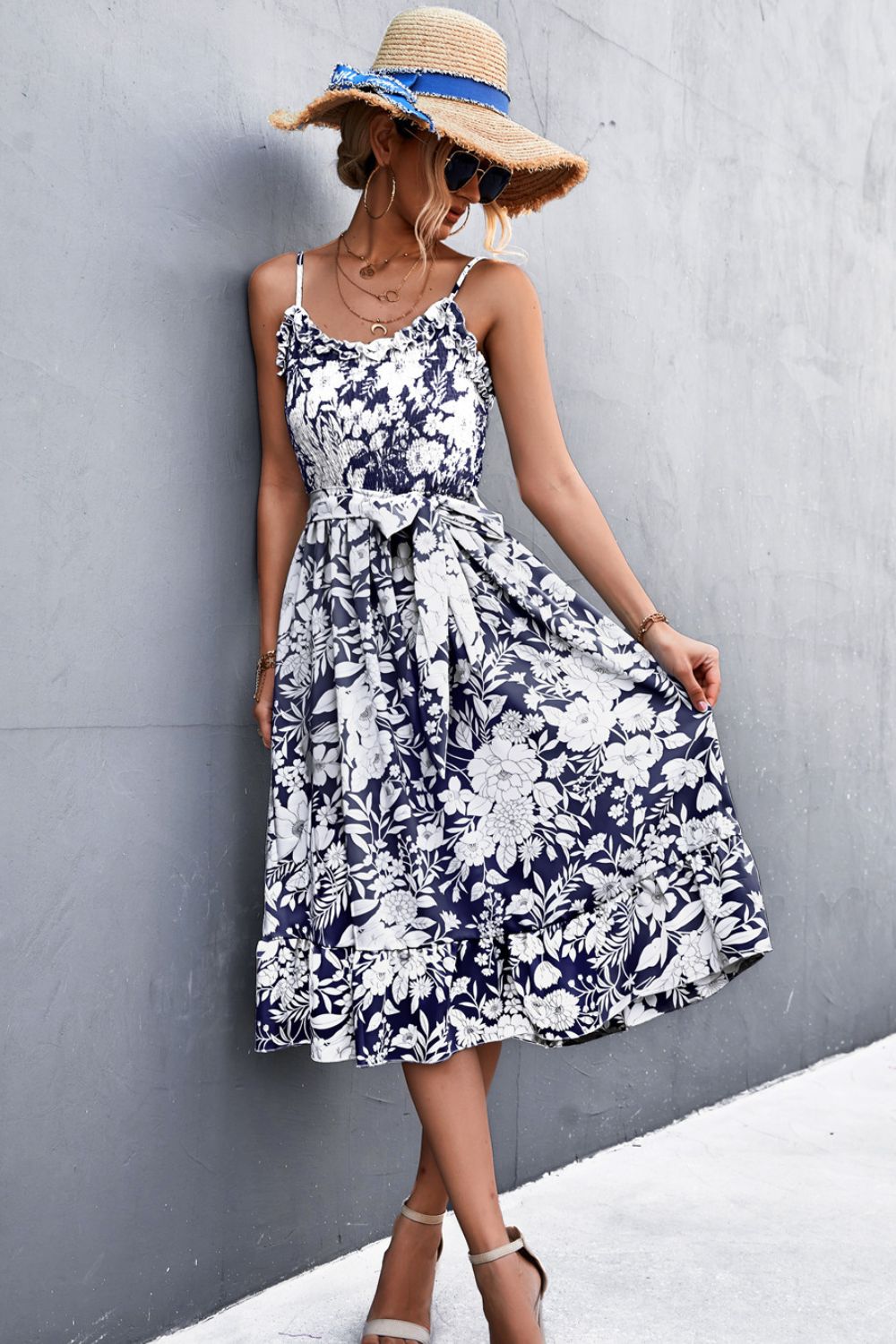 Floral Frill Trim Scoop Neck Spaghetti Strap Dress BLUE ZONE PLANET
