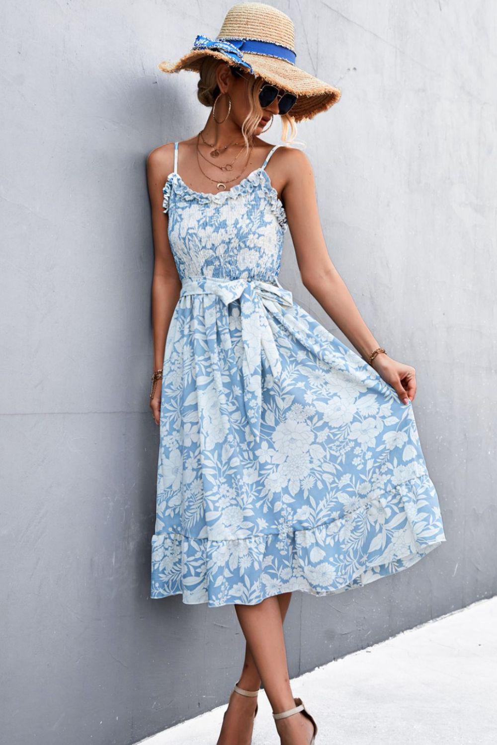 Floral Frill Trim Scoop Neck Spaghetti Strap Dress BLUE ZONE PLANET