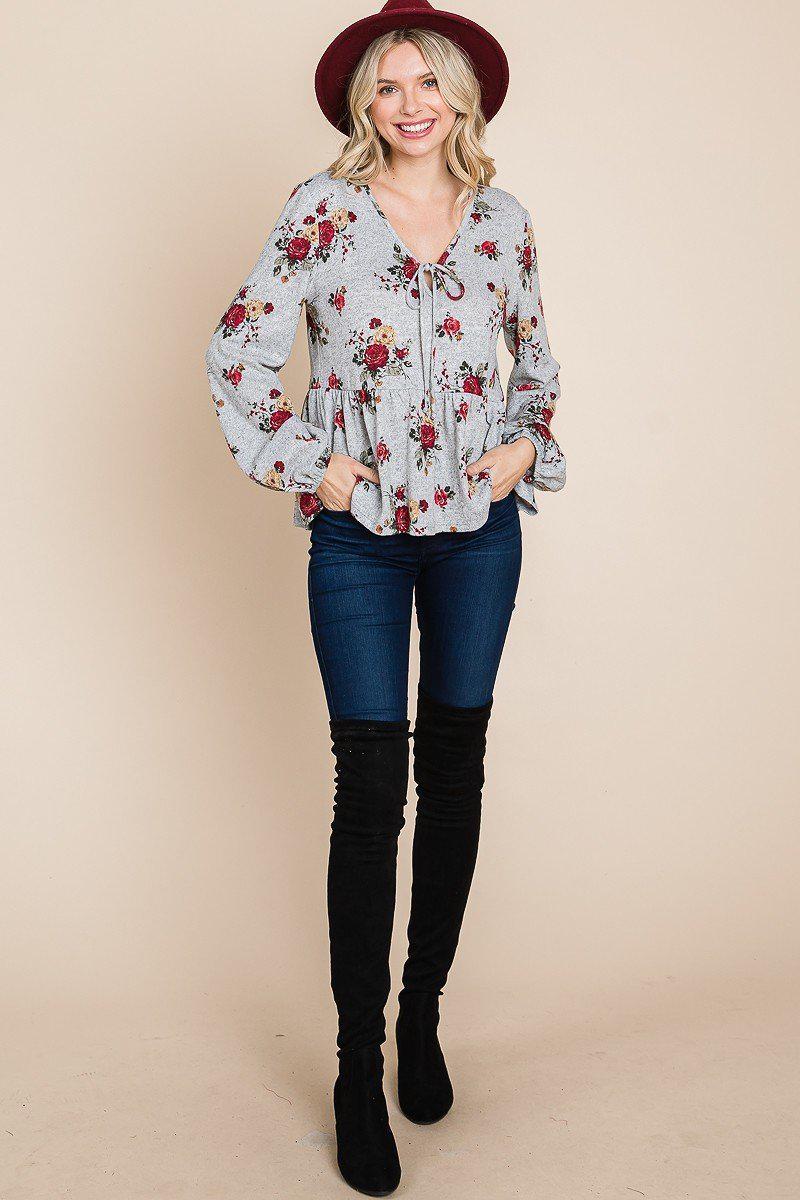 Floral Hacci Printed Babydoll Top With Elastic Cuff Sleeves Blue Zone Planet