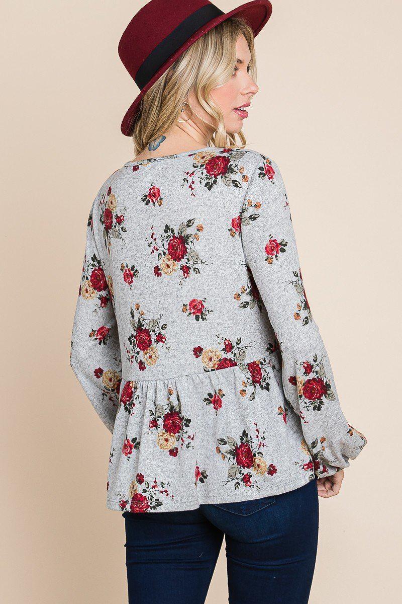 Floral Hacci Printed Babydoll Top With Elastic Cuff Sleeves Blue Zone Planet