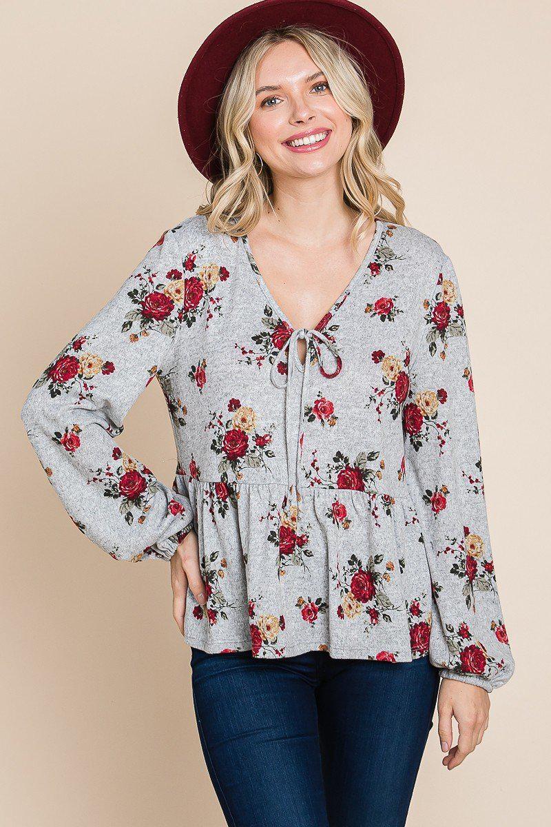 Floral Hacci Printed Babydoll Top With Elastic Cuff Sleeves Blue Zone Planet