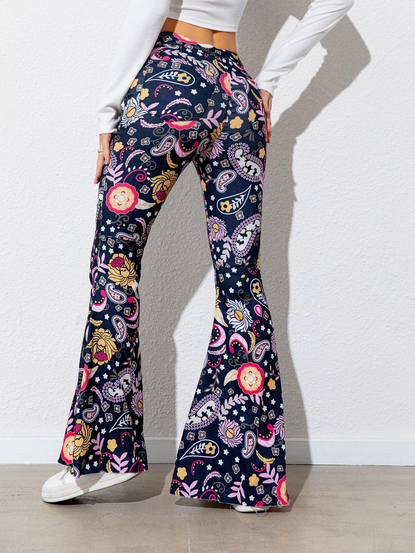Floral High Waist Flare Leg Pants BLUE ZONE PLANET