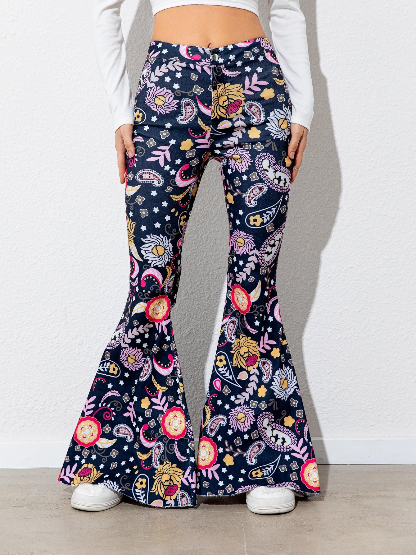 Floral High Waist Flare Leg Pants BLUE ZONE PLANET
