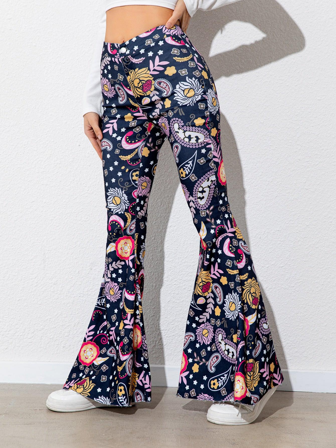 Floral High Waist Flare Leg Pants BLUE ZONE PLANET