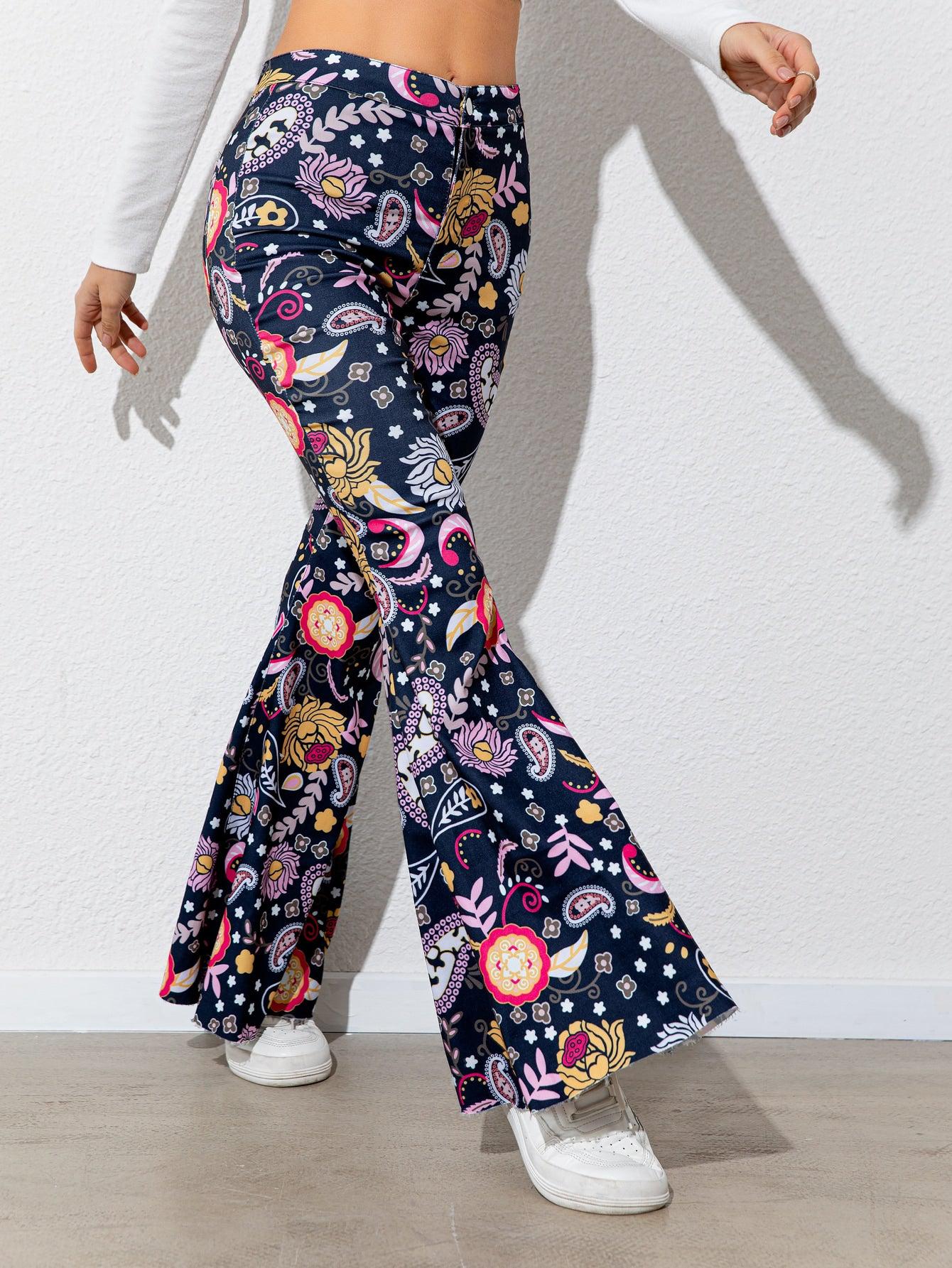 Floral High Waist Flare Leg Pants BLUE ZONE PLANET