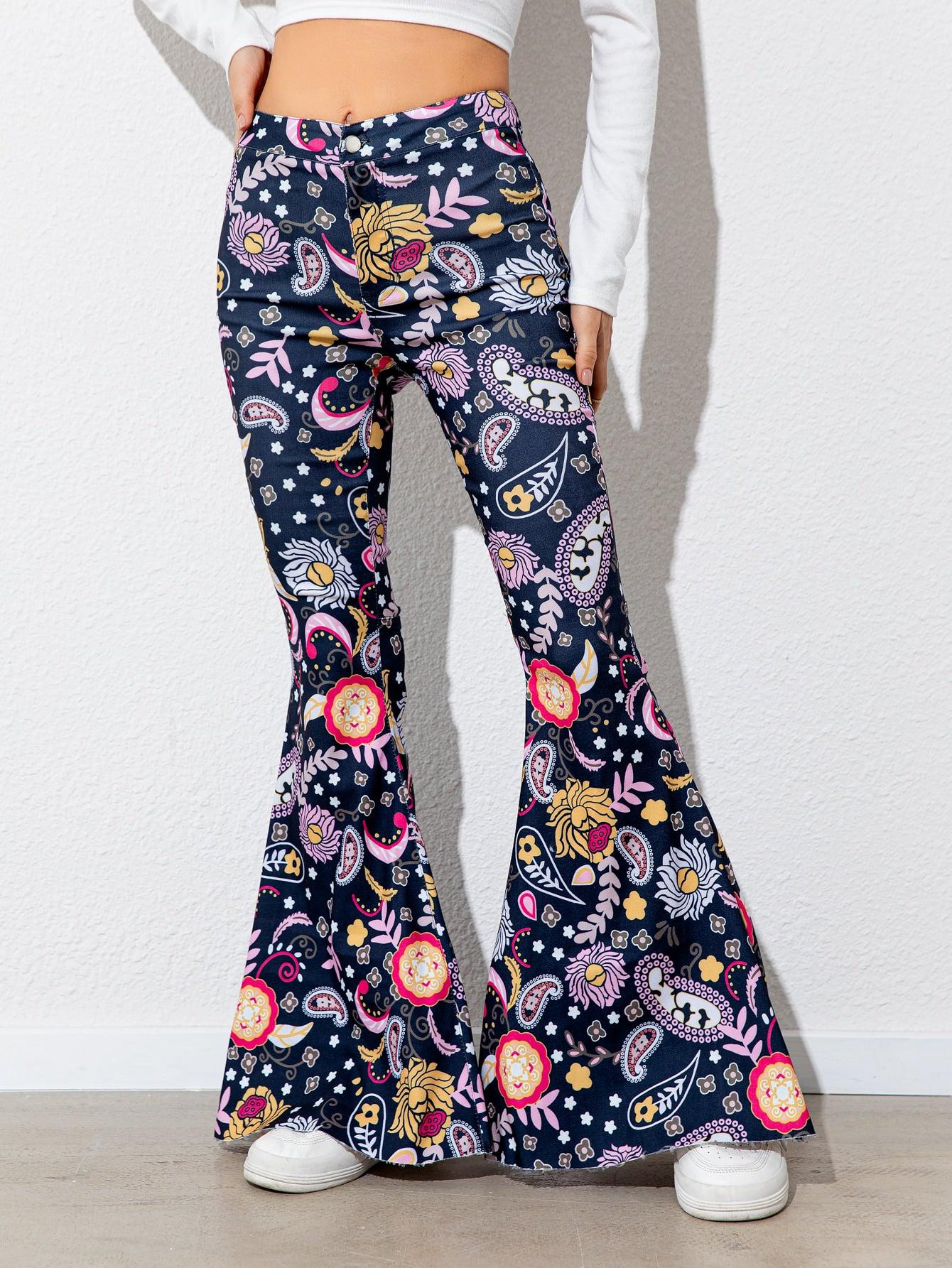 Floral High Waist Flare Leg Pants BLUE ZONE PLANET