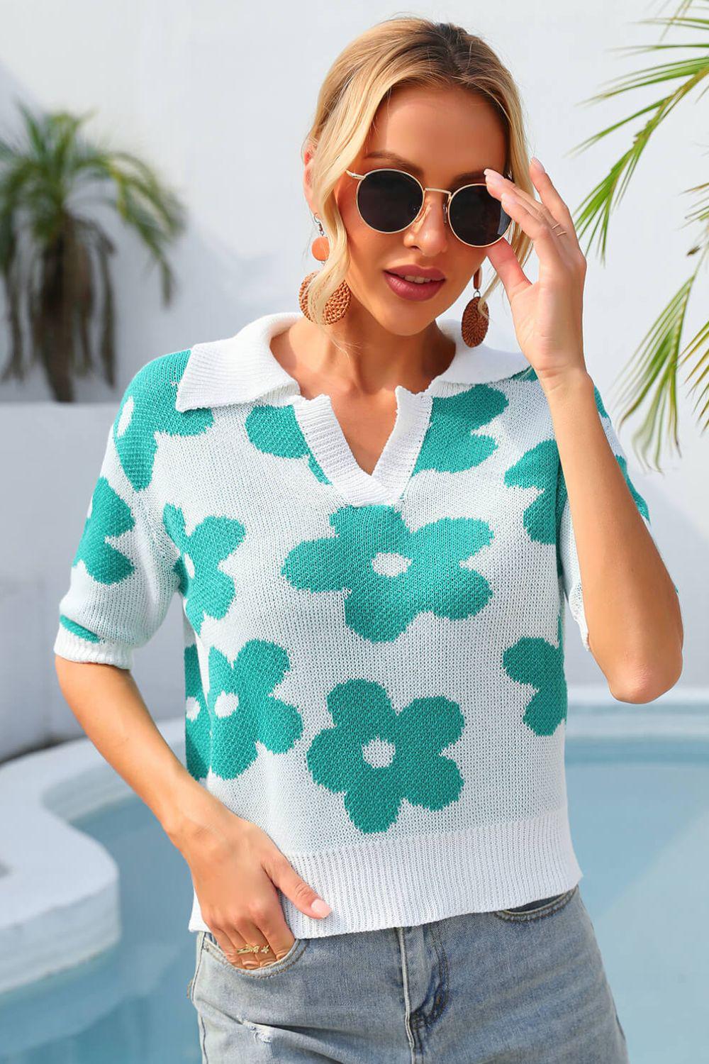 Floral Johnny Collar Half Sleeve Knit Top BLUE ZONE PLANET