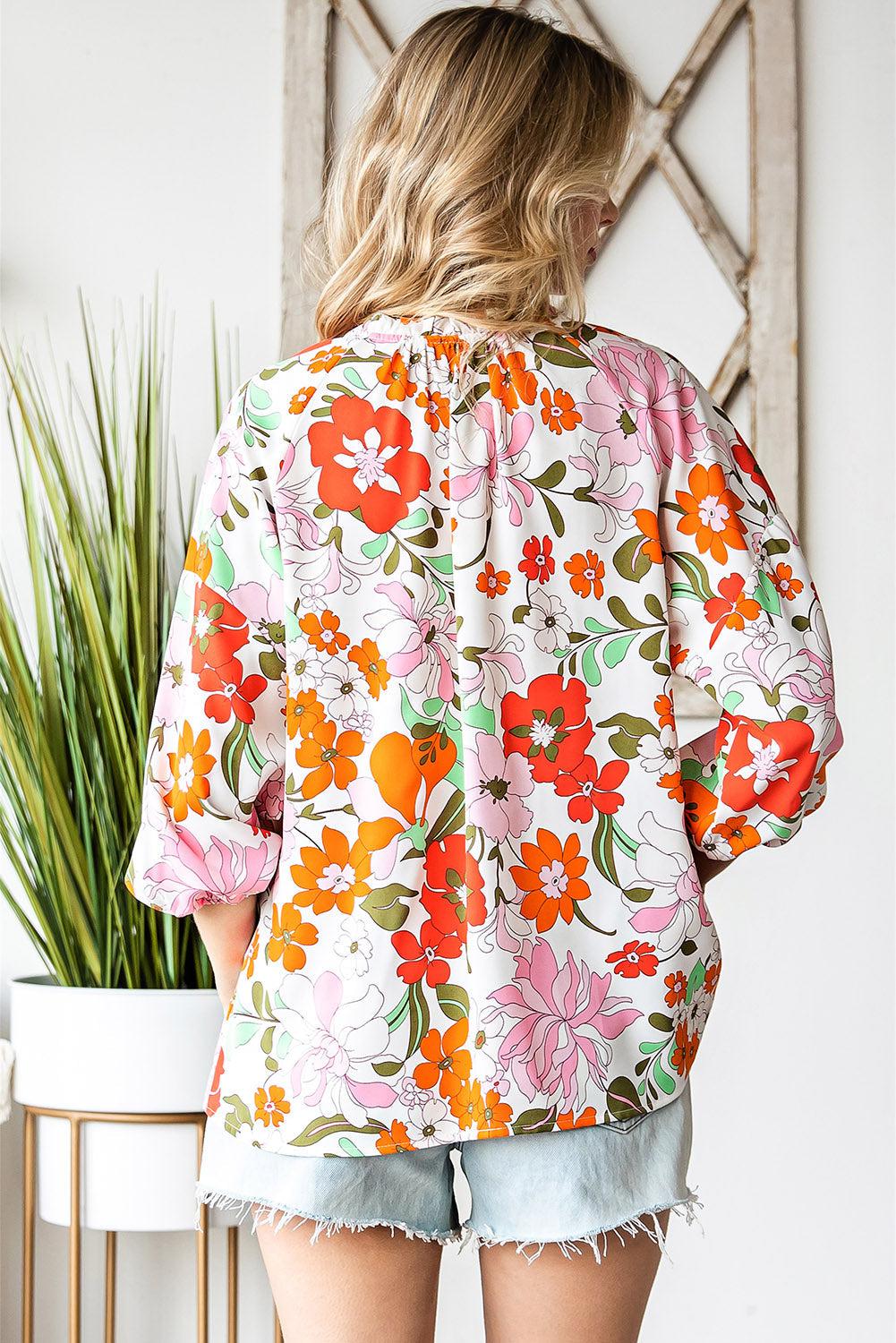 Floral Notched Neck Balloon Sleeve Blouse BLUE ZONE PLANET
