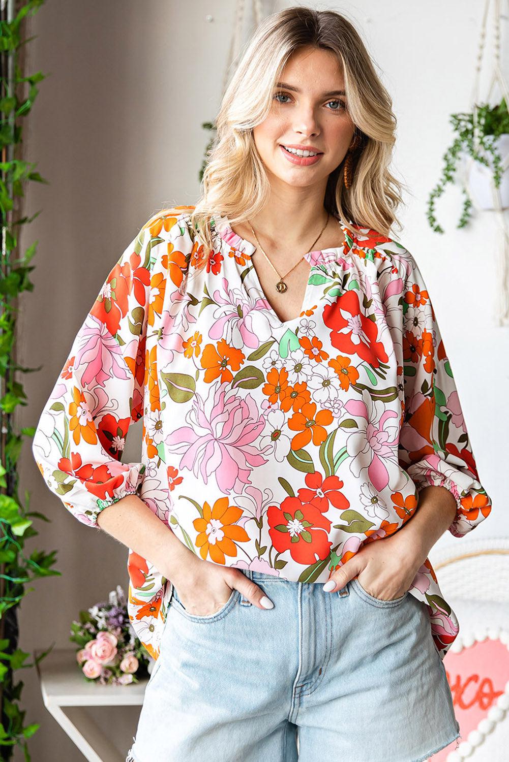 Floral Notched Neck Balloon Sleeve Blouse BLUE ZONE PLANET