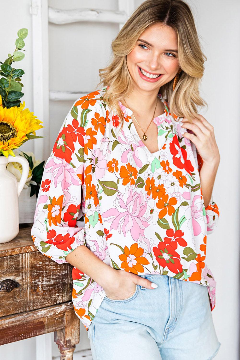 Floral Notched Neck Balloon Sleeve Blouse BLUE ZONE PLANET