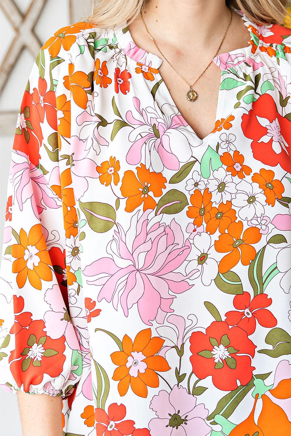 Floral Notched Neck Balloon Sleeve Blouse BLUE ZONE PLANET