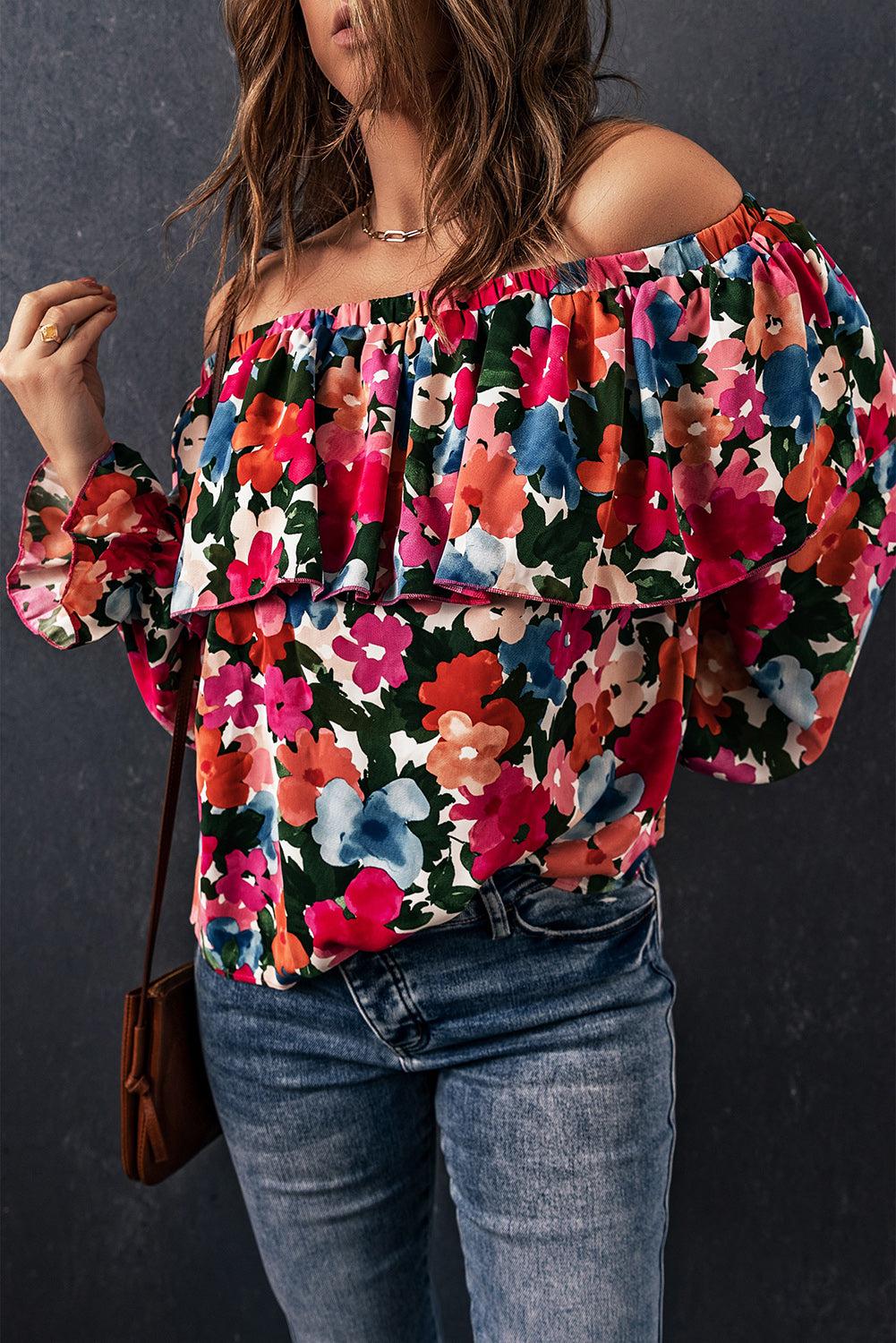 Floral Off-Shoulder Flounce Sleeve Layered Blouse BLUE ZONE PLANET