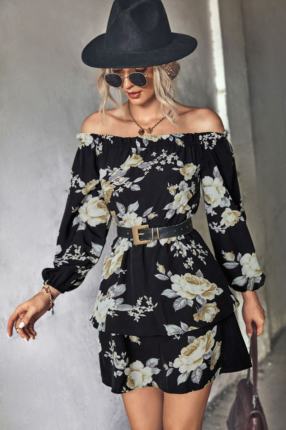 Floral Off-Shoulder Layered Mini Dress BLUE ZONE PLANET