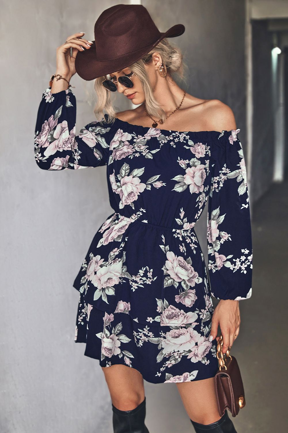 Floral Off Shoulder Layered Mini Dress Blue Zone Planet Navy S by Blue Zone Planet