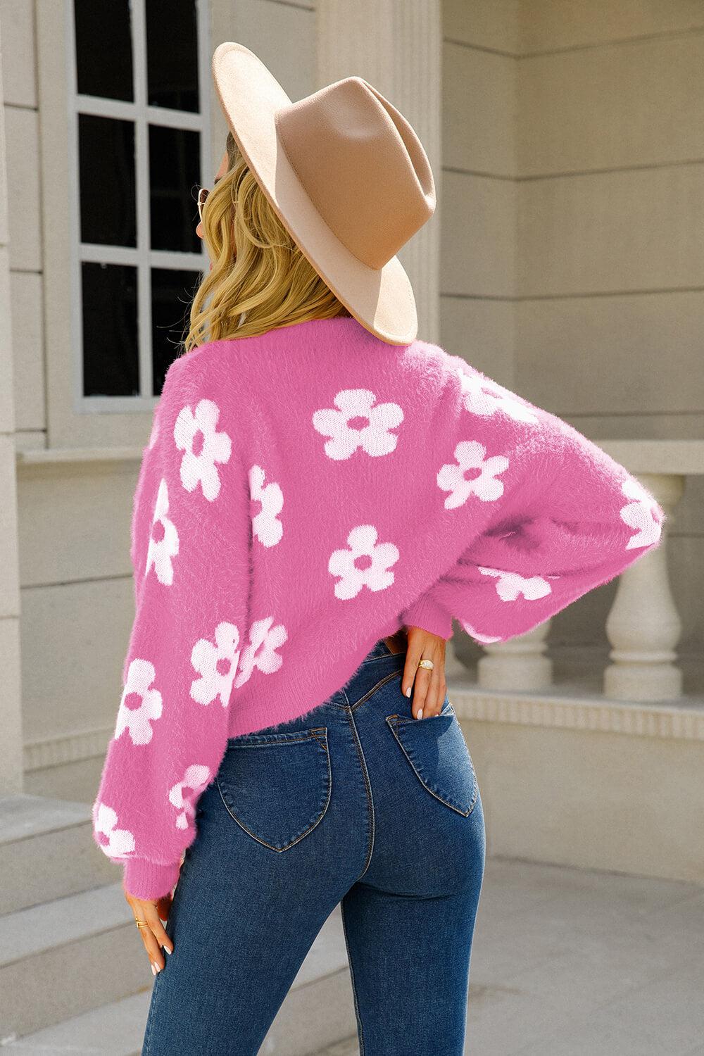 Floral Open Front Fuzzy Cardigan BLUE ZONE PLANET