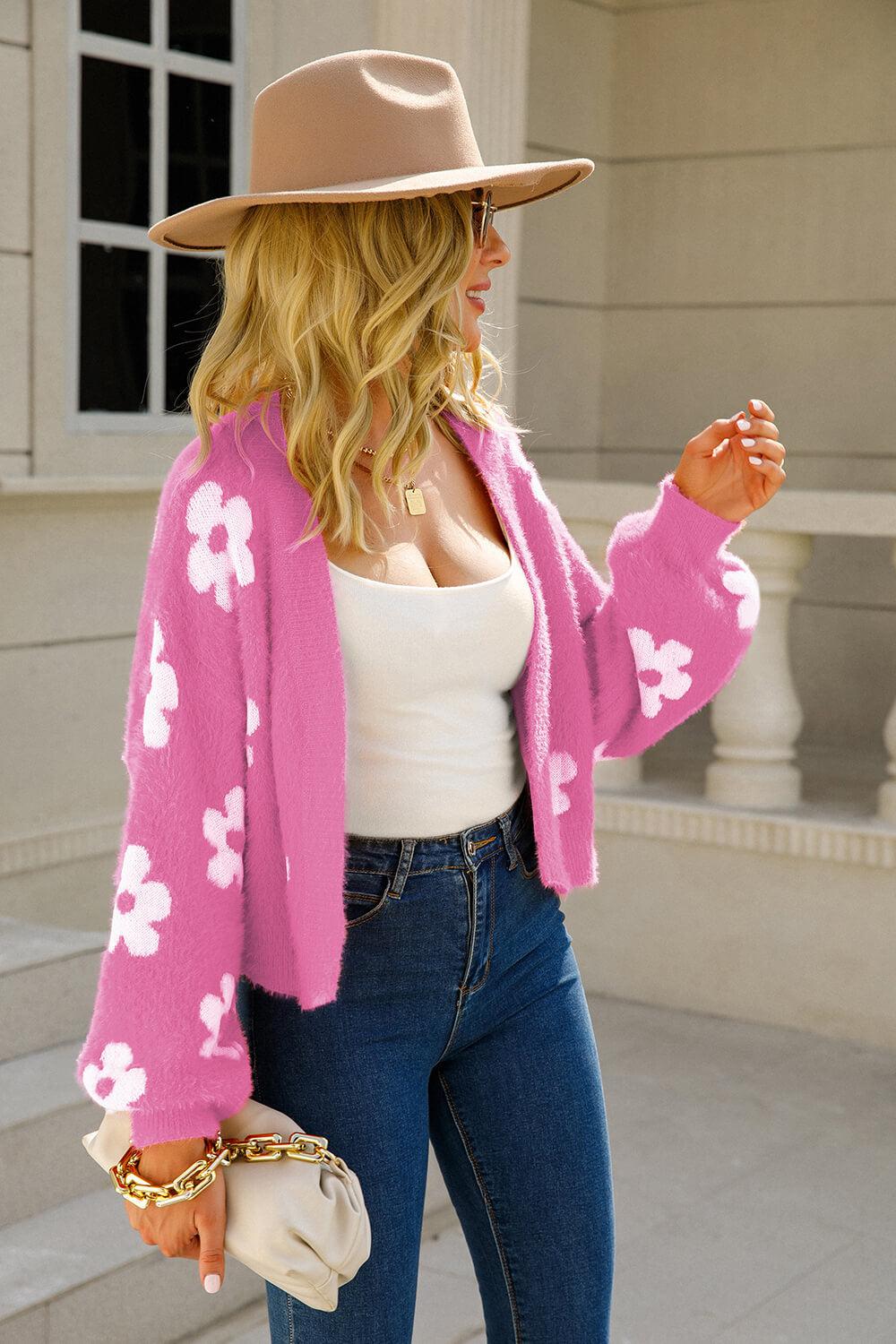 Floral Open Front Fuzzy Cardigan BLUE ZONE PLANET