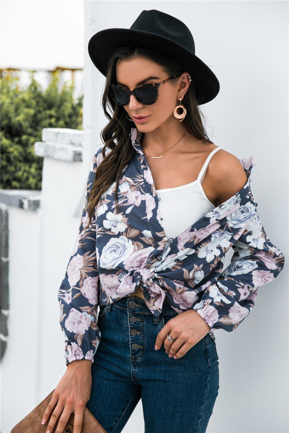 Floral Print Mock Neck Button Front Shirt BLUE ZONE PLANET