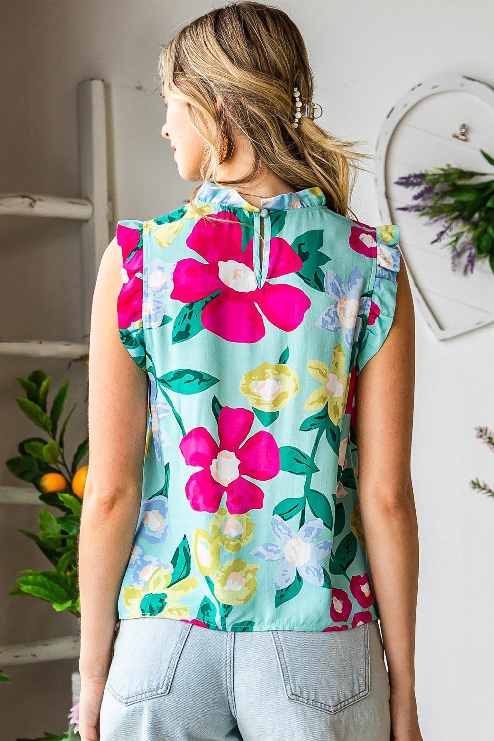 Floral Print Ruffle Shoulder Blouse BLUE ZONE PLANET