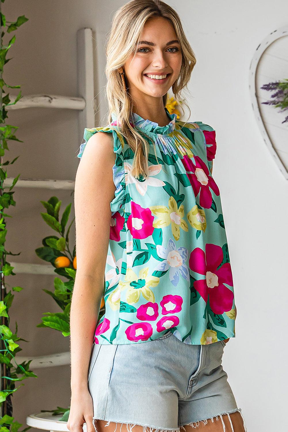 Floral Print Ruffle Shoulder Blouse BLUE ZONE PLANET