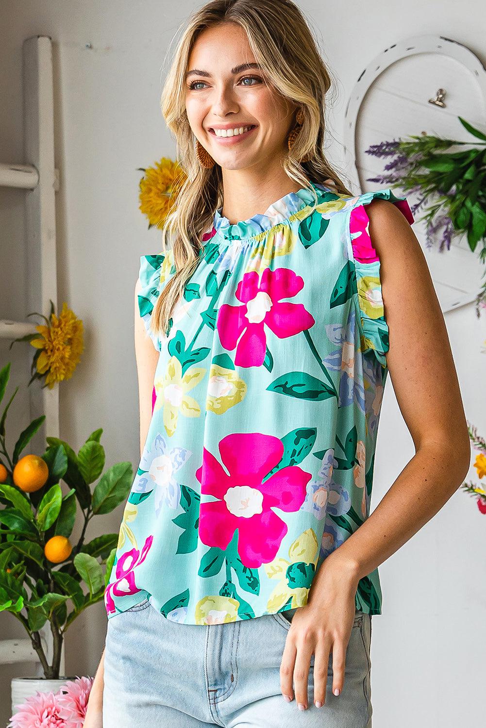 Floral Print Ruffle Shoulder Blouse BLUE ZONE PLANET