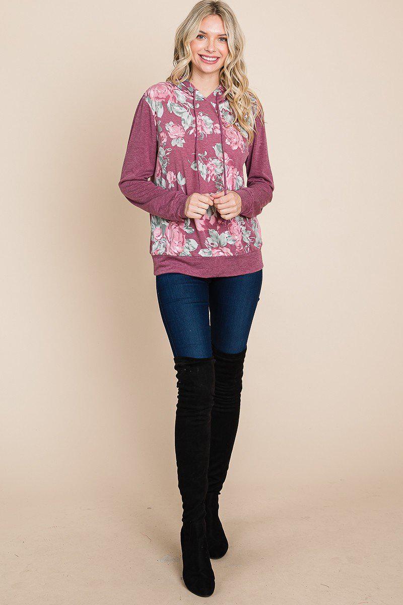 Floral Printed Contrast Hoodie With Relaxed Fit And Cuff Detail Blue Zone Planet