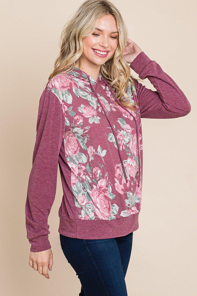 Floral Printed Contrast Hoodie With Relaxed Fit And Cuff Detail Blue Zone Planet