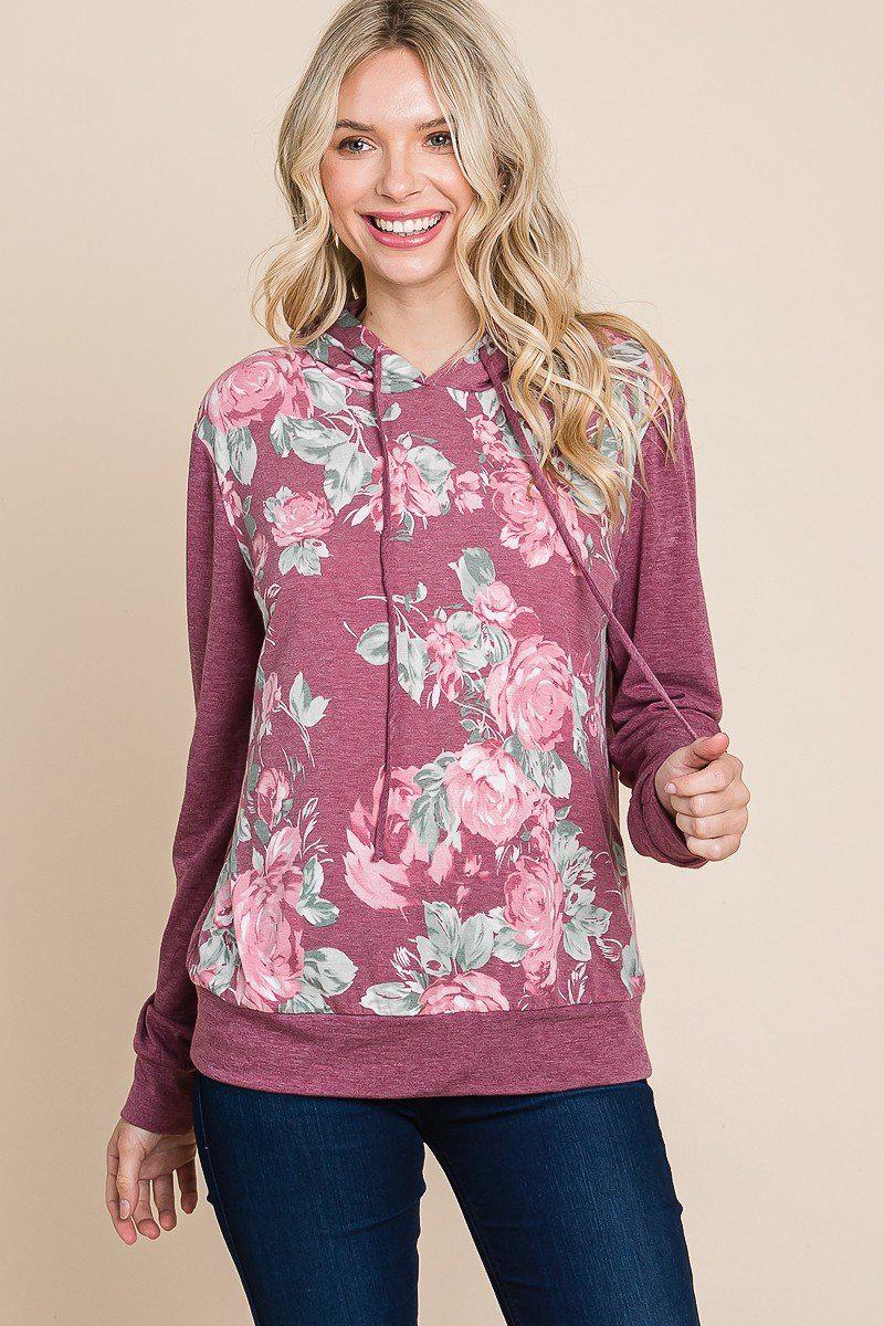 Floral Printed Contrast Hoodie With Relaxed Fit And Cuff Detail Blue Zone Planet