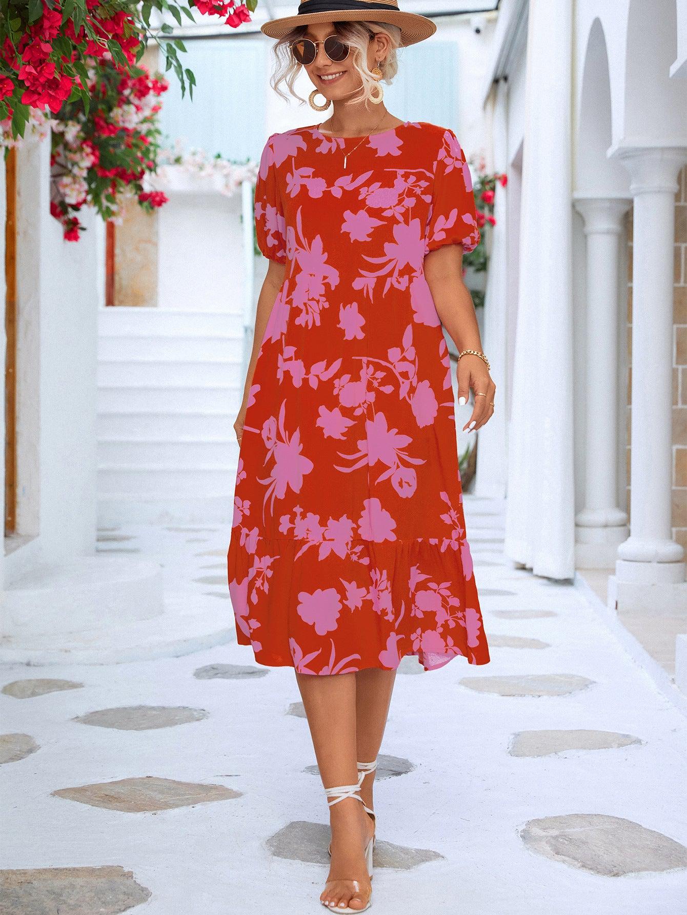 Floral Puff Sleeve Ruffle Hem Midi Dress BLUE ZONE PLANET