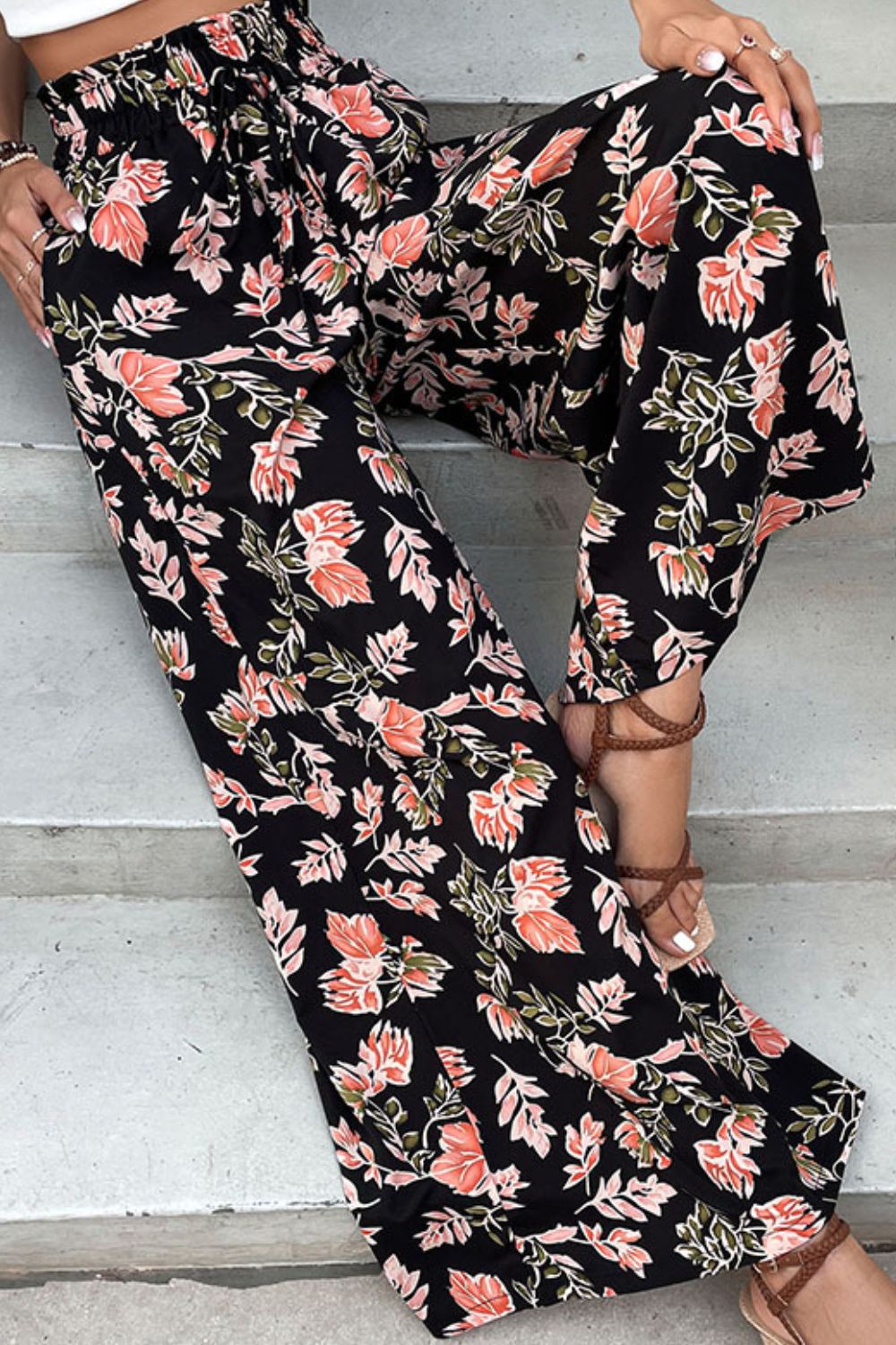 Floral Pull-On Wide Leg Pants BLUE ZONE PLANET
