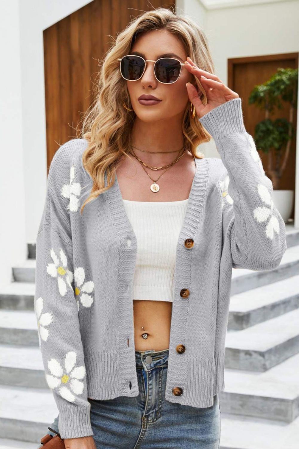 Floral Ribbed Trim Drop Shoulder Cardigan BLUE ZONE PLANET