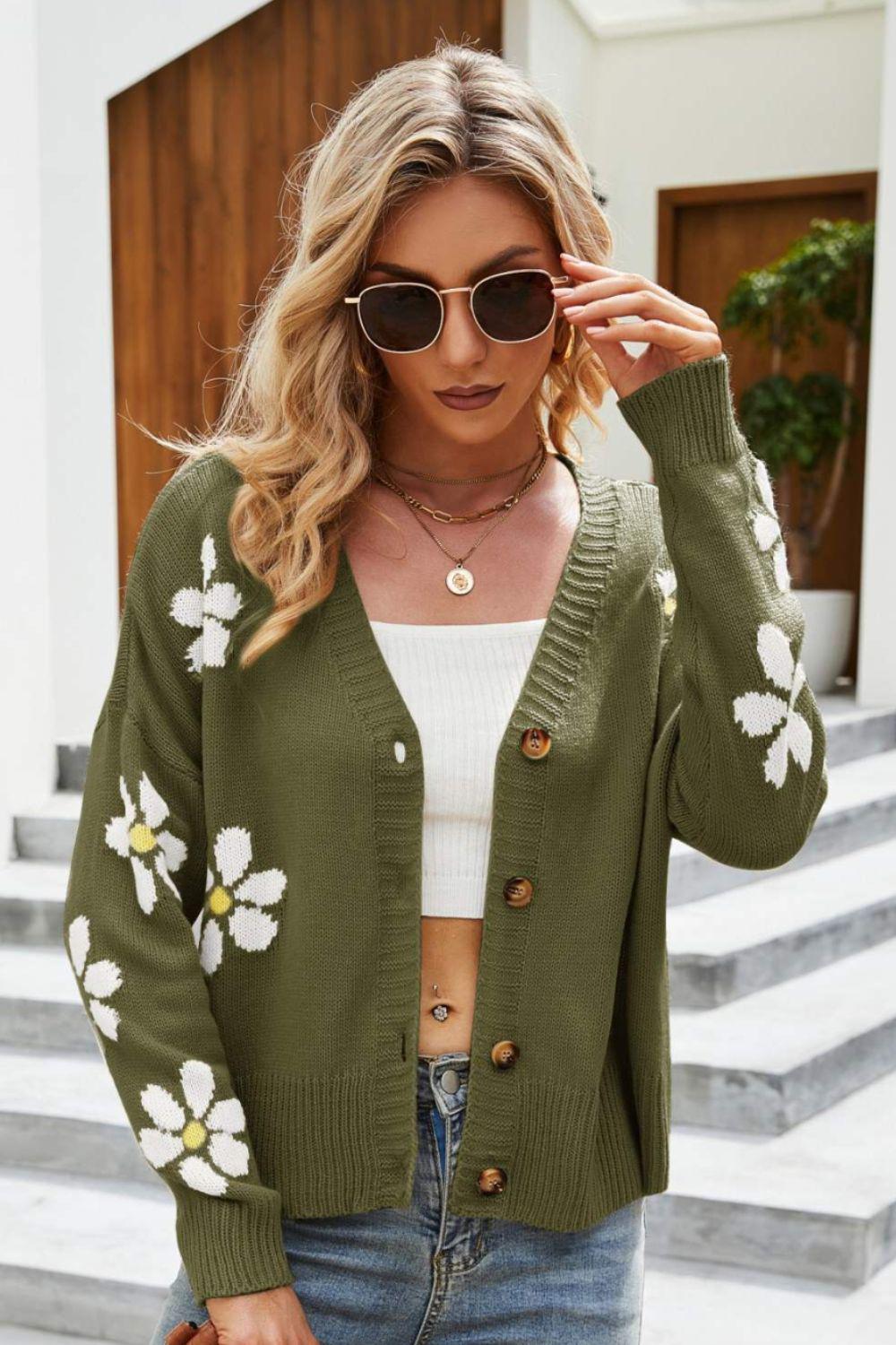 Floral Ribbed Trim Drop Shoulder Cardigan BLUE ZONE PLANET